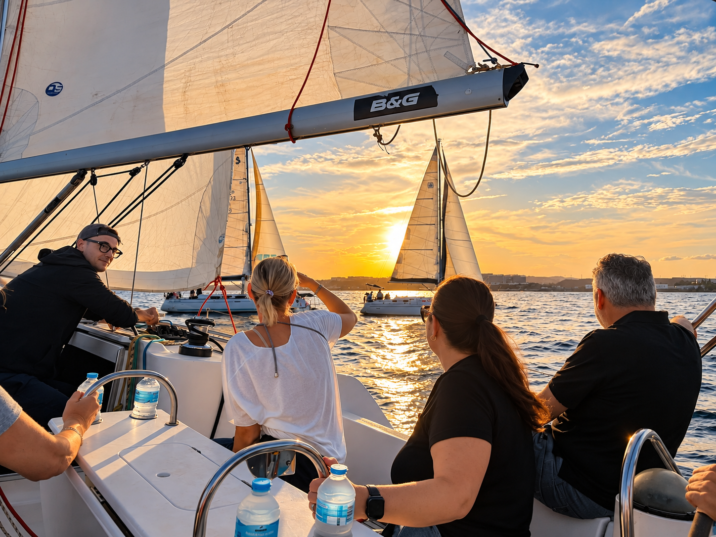 Tripulantes observan otros veleros durante la regata al atardecer frente a Alicante