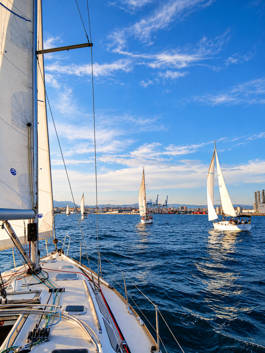 Vista desde la cubierta de un velero hacia la flota que navega frente al puerto de Alicante