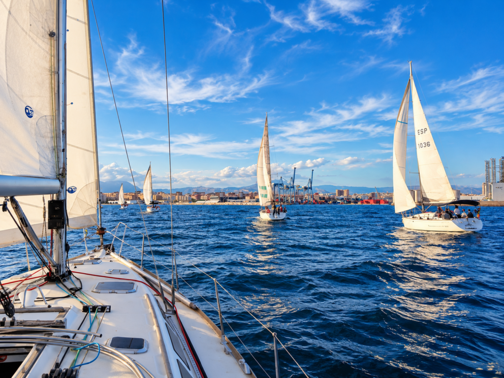 Veleros de la regata de team building a vela en Alicante con el puerto al fondo