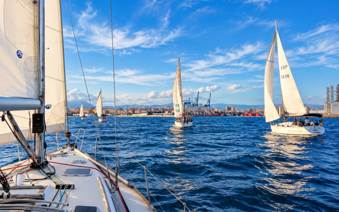 Veleros de la regata de team building a vela en Alicante con el puerto al fondo