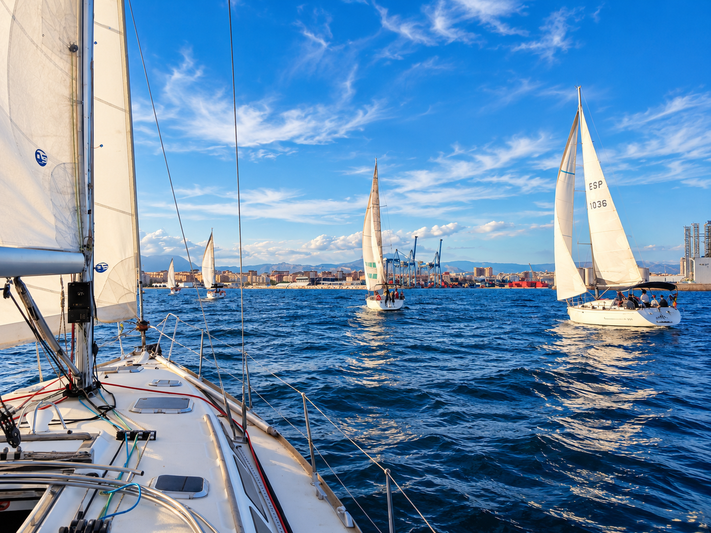 Veleros de la regata de team building a vela en Alicante con el puerto al fondo